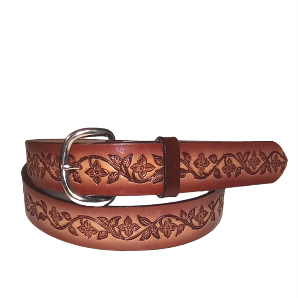 Cowhide Genuine Leather Hand Made Flowers Brown Wide Women's Belt Large